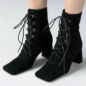 By Far Claude Lace Up Black Suede Booties Square Toe